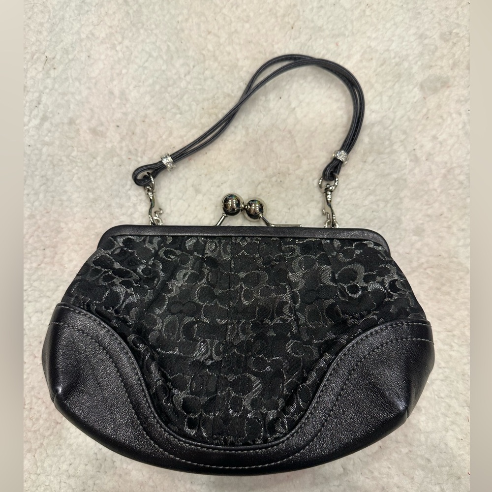 Coach shine black Lurex metallic frame kiss lock clutch wallet